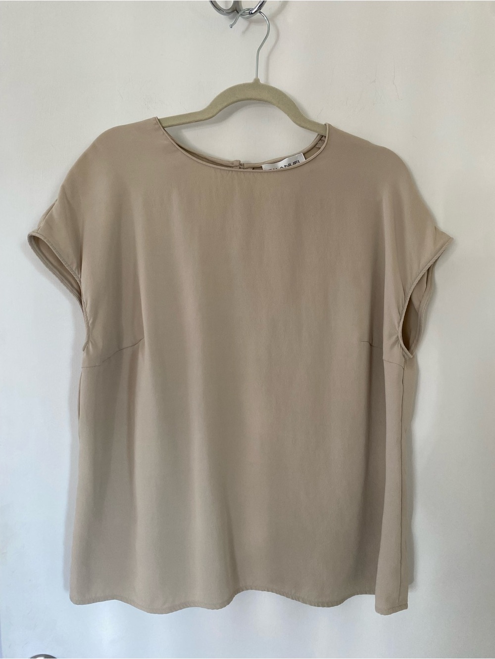 Vintage Emanuel Ungaro 100% Silk Shell Top Beige Short Sleeve Blouse Size 14